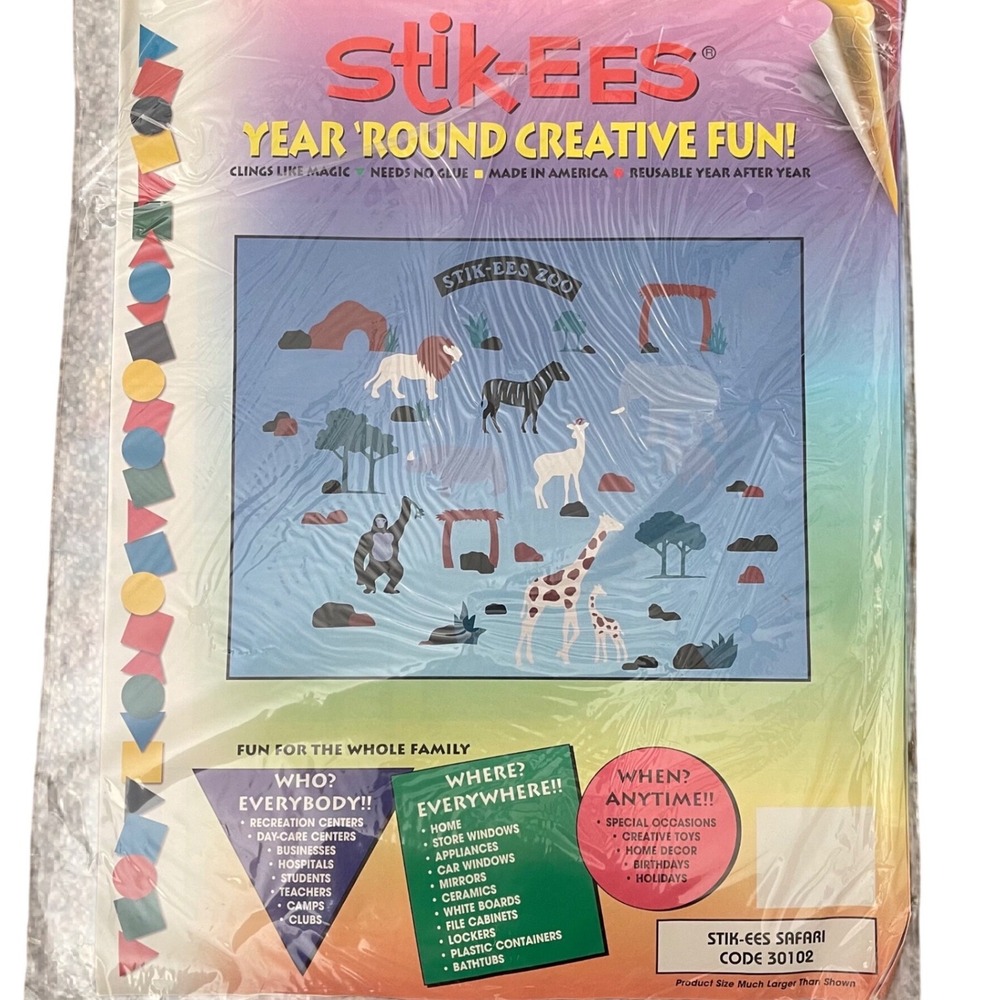 Vtg Stik-ees Window Clings 90s Teacher School Safari animals giraffe zebra lion‎